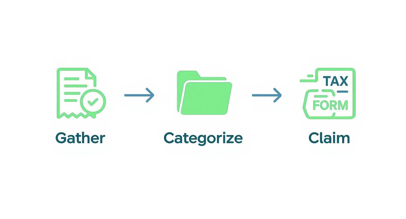 Three step tax filing process showing gather receipts, categorize expenses, and claim deductions workflow
