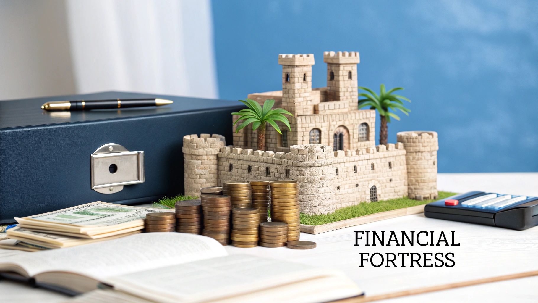 A castle model, stacked coins, dollar bills, a safe, and a book, symbolizing financial security and wealth.
