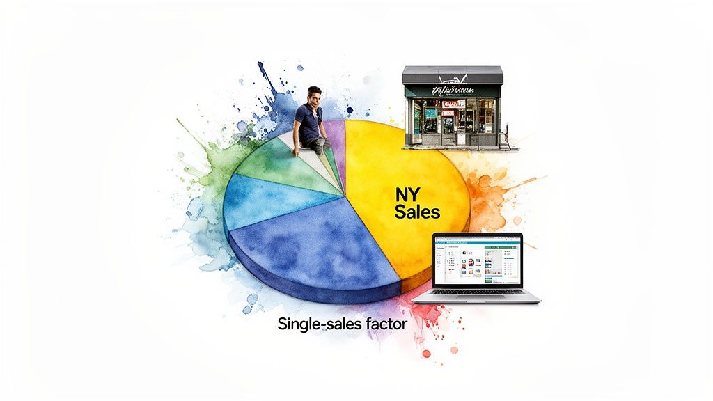 A watercolor pie chart illustrating sales data, featuring a man, NY Sales, and a laptop with 'Single-sales factor' text.