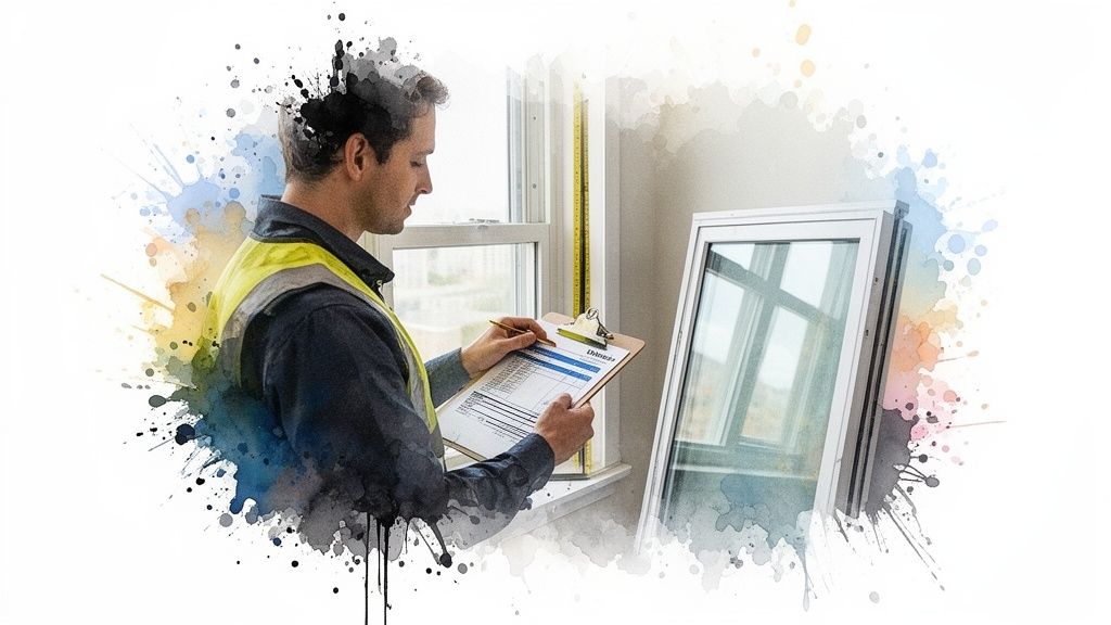 A man in a safety vest measures a window and takes notes on a clipboard, beside a new window.