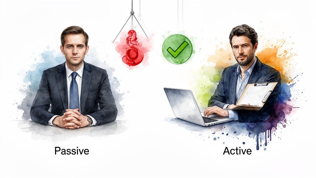 Illustration contrasting two businessmen: one passive with a question mark, one active with a laptop and a checkmark.