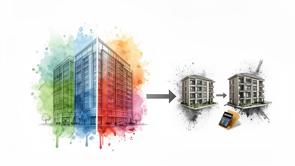 Architectural drawing of buildings transforming into real estate models with a calculator, symbolizing property investment.