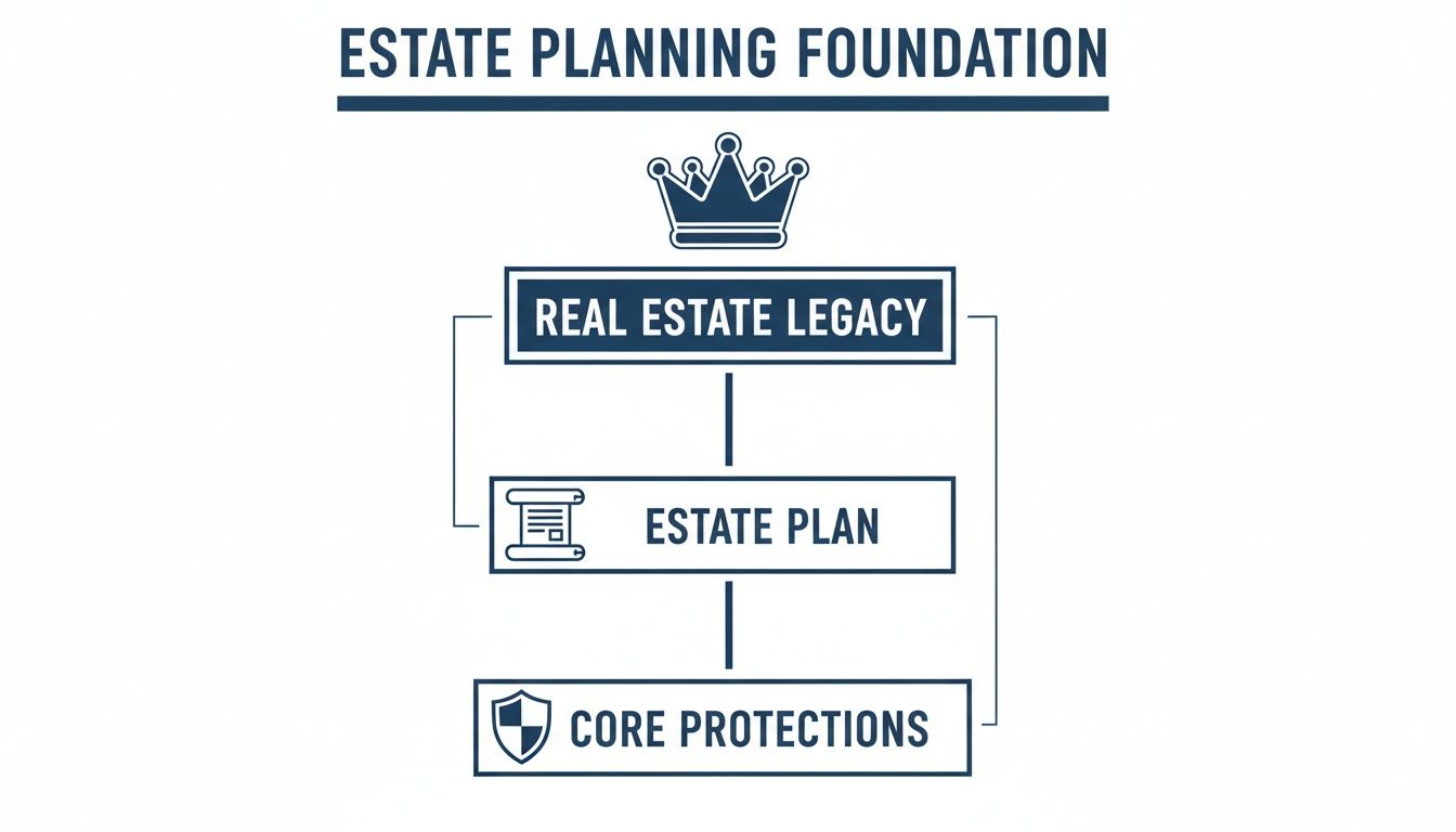 Hierarchical diagram showing estate planning foundation elements: real estate legacy, estate plan, core protections.