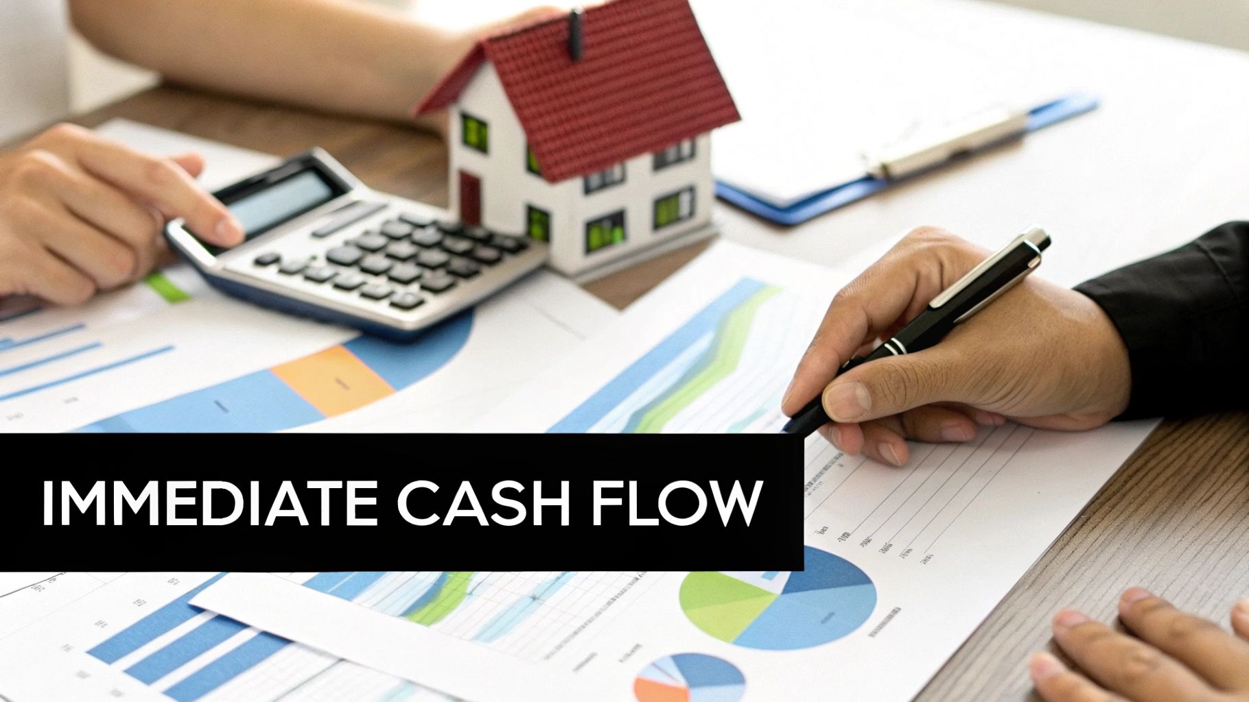 Real estate professional calculating property finances with model house and financial charts for immediate cash flow