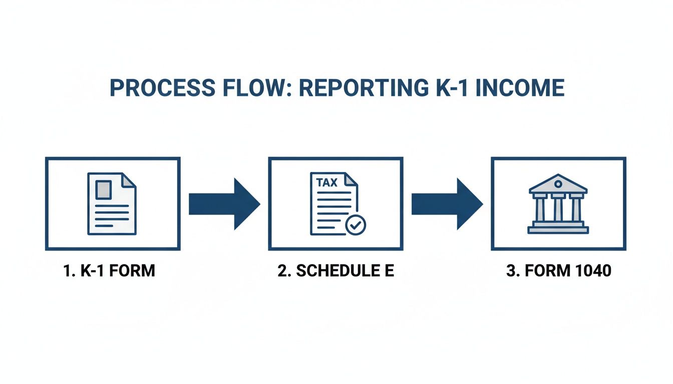 Process flow for reporting K-1 income, showing steps from K-1 Form to Schedule E and Form 1040.