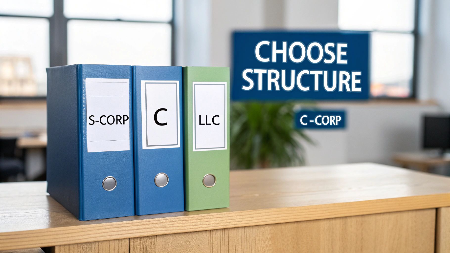 Binders for S-Corp, C, and LLC sit on a desk, with 'Choose Structure' and 'C-Corp' text.