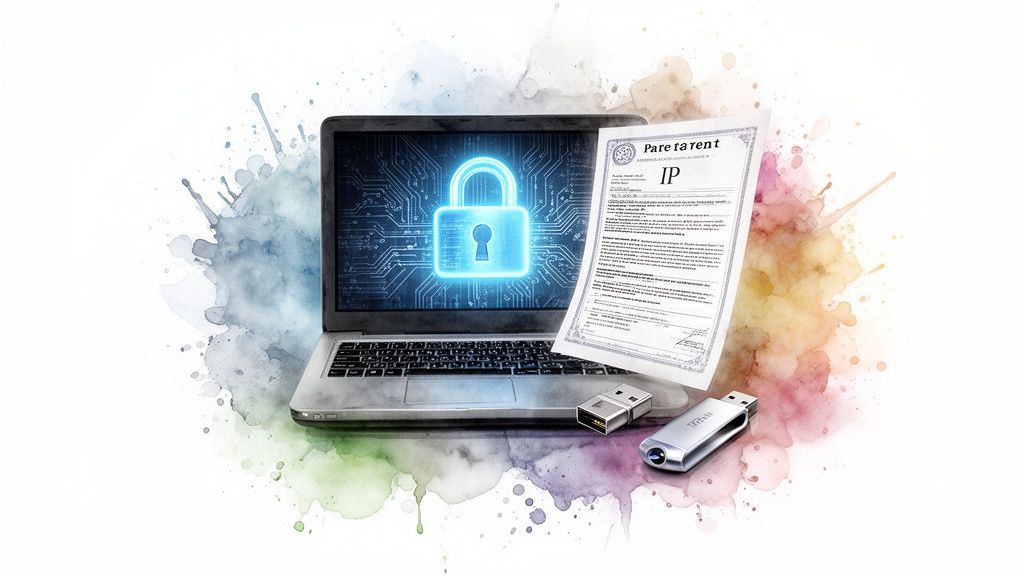 Digital security concept with a laptop showing a glowing padlock, a patent document, and USB drives.