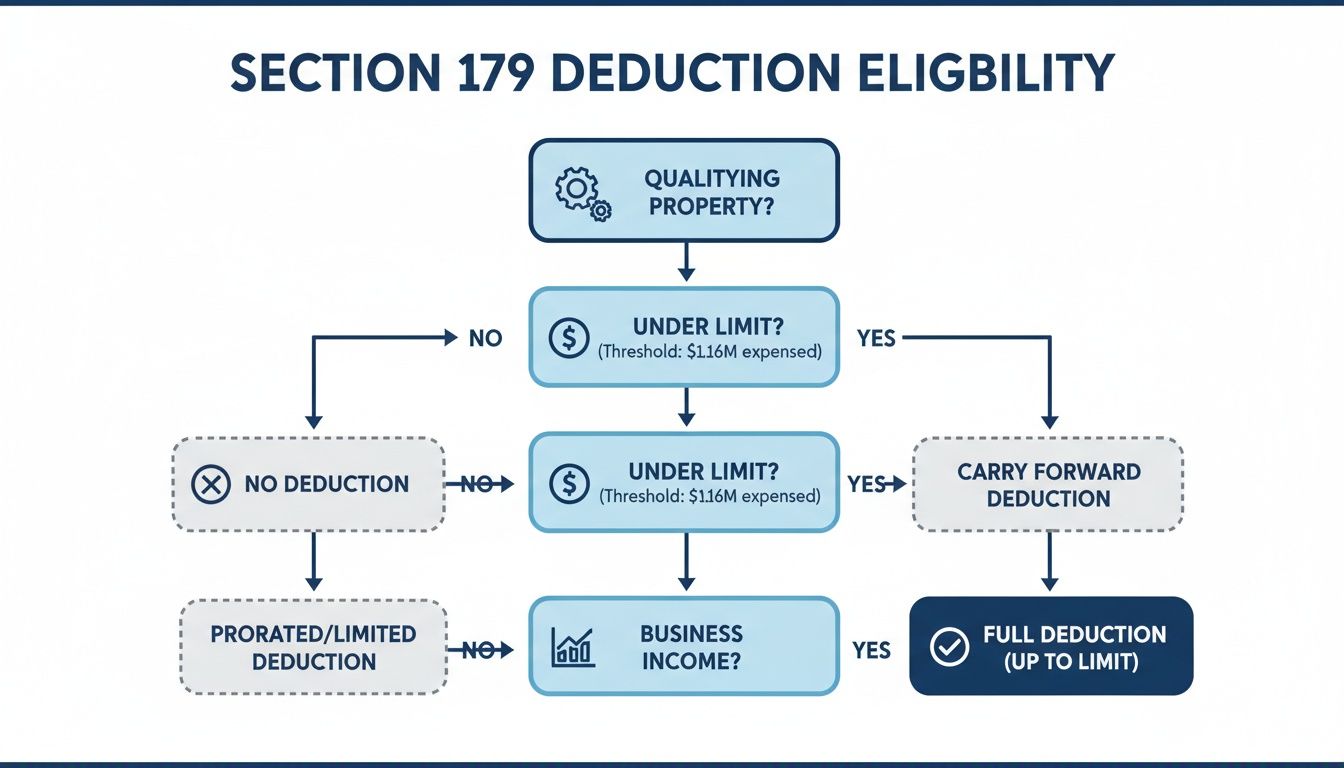 Flowchart illustrating Section 179 deduction eligibility, covering qualifying property, spending limits, and business income.