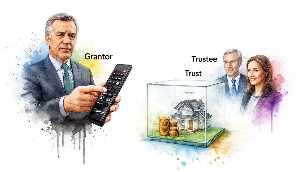 A grantor uses a remote control to manage assets within a trust overseen by trustees.