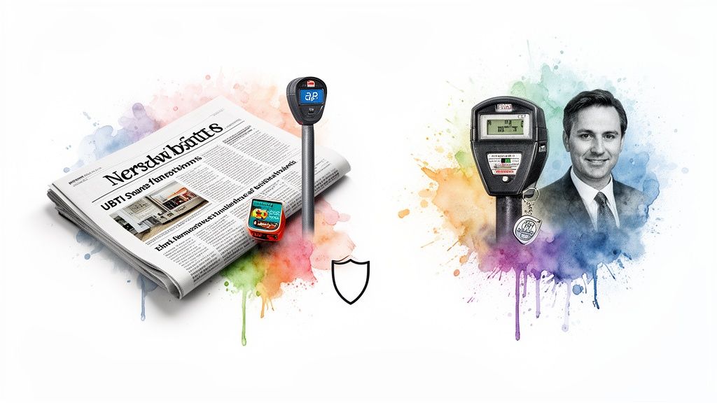 Newspapers, parking meters, a businessman, and a shield icon surrounded by vibrant watercolor splatters.