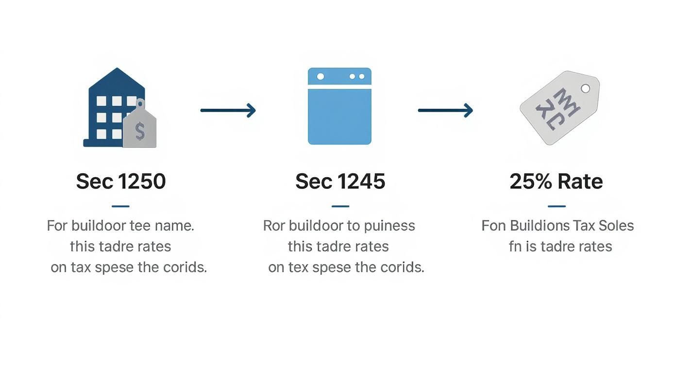 Diagram illustrates Section 1250 and 1245 depreciation recapture for real estate and business assets, showing a 25% tax rate.