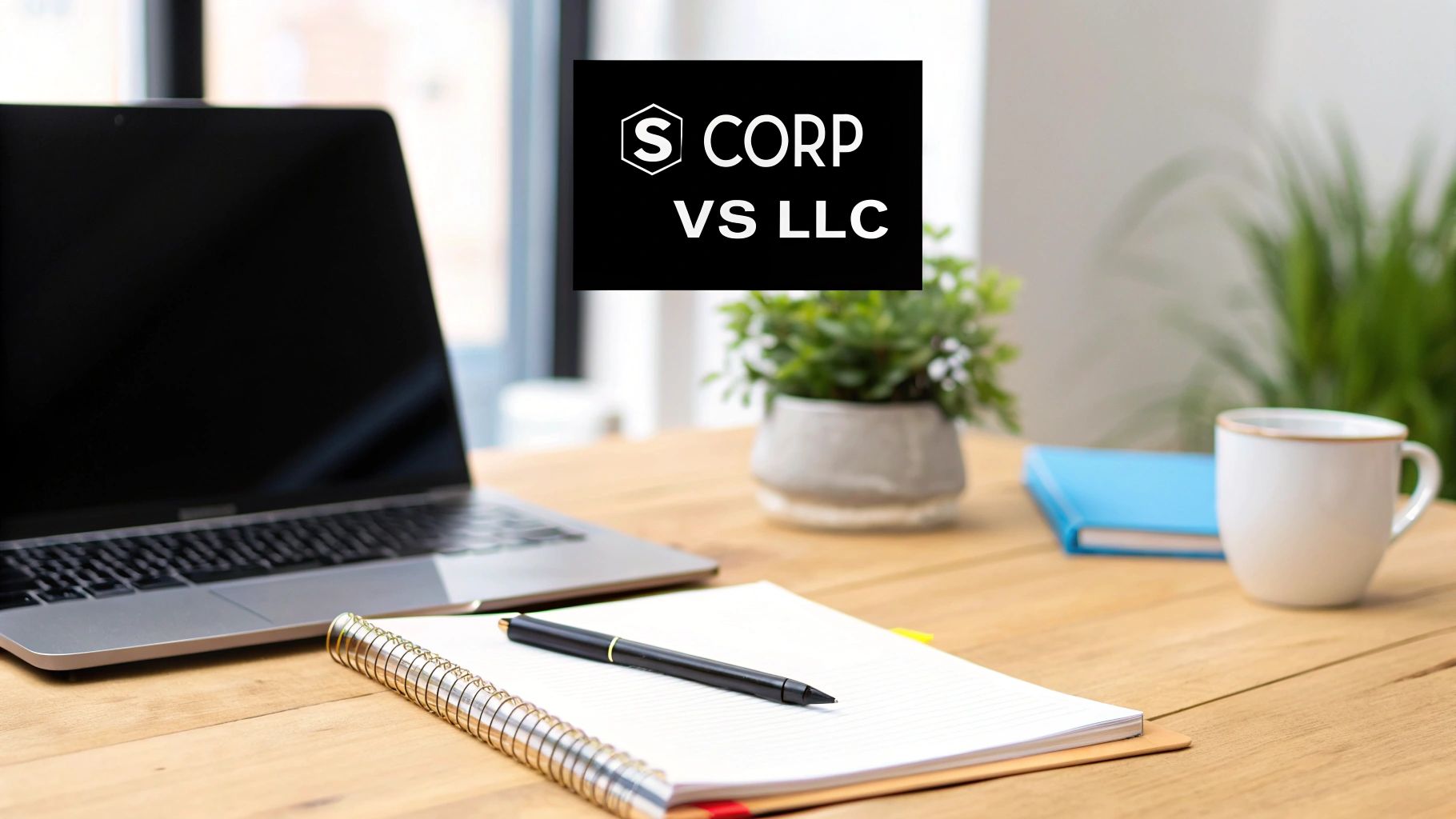 S Corp versus LLC comparison text displayed on screen in modern office workspace setting