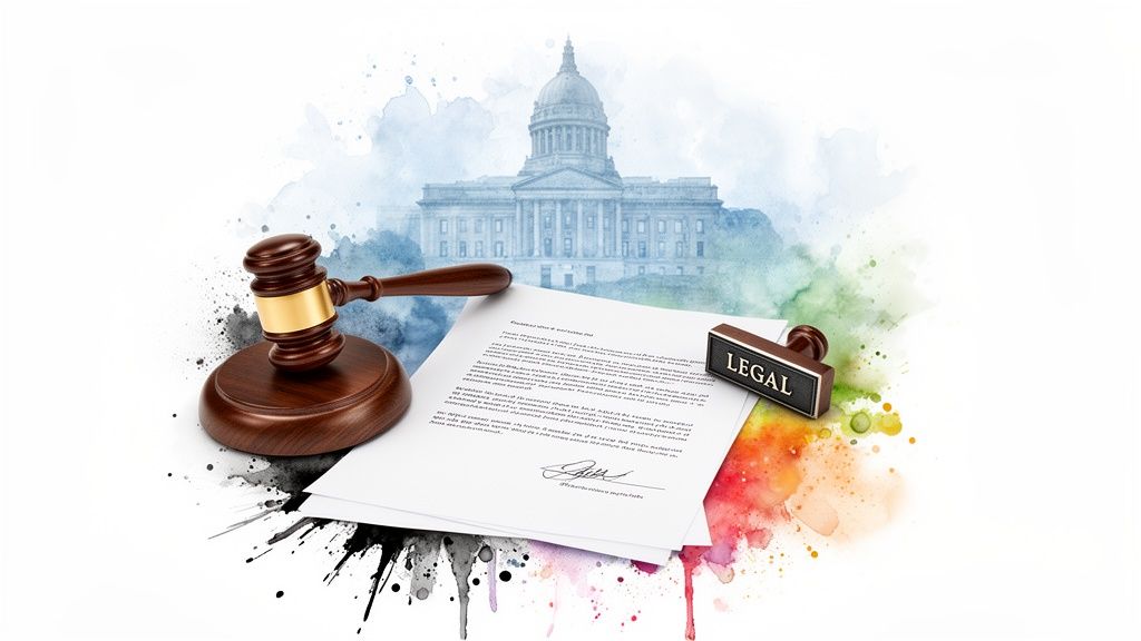 A wooden gavel, legal documents, a 'LEGAL' stamp, and a capitol building representing law and justice.
