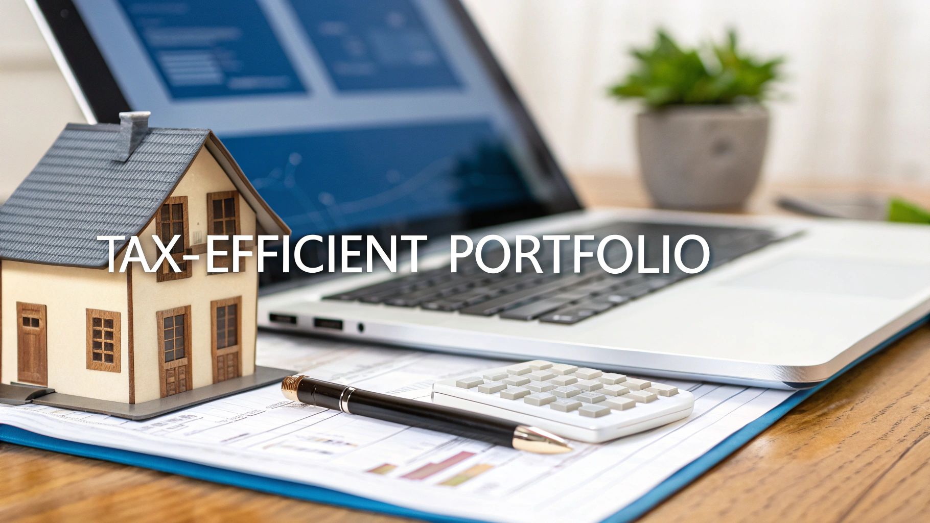 A miniature house, laptop with financial graphs, calculator, and documents on a desk, representing tax-efficient portfolio planning.