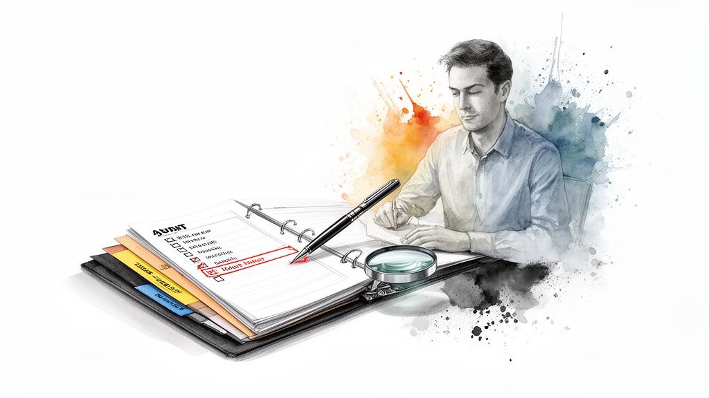 Watercolor illustration of a man working on an audit checklist with a pen and magnifying glass.