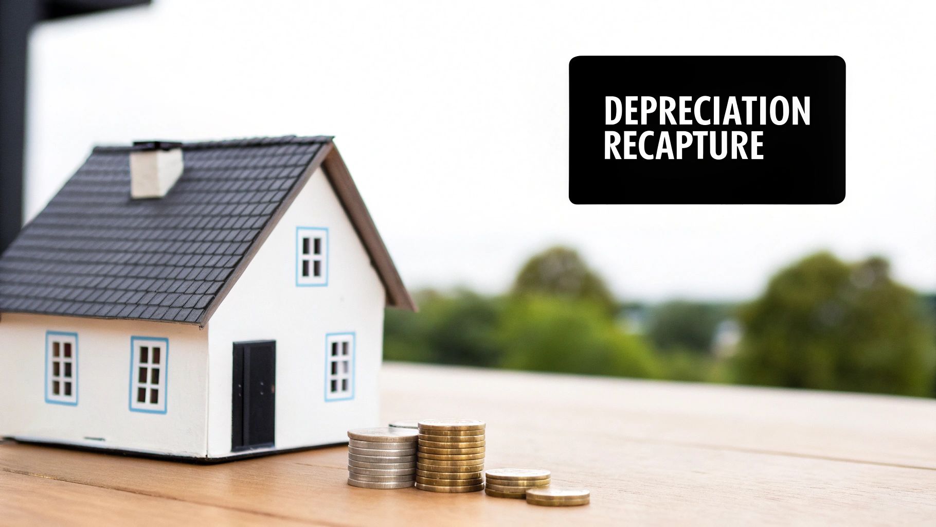 A miniature house model and stacks of coins on a table with 'DEPRECIATION RECAPTURE' text.