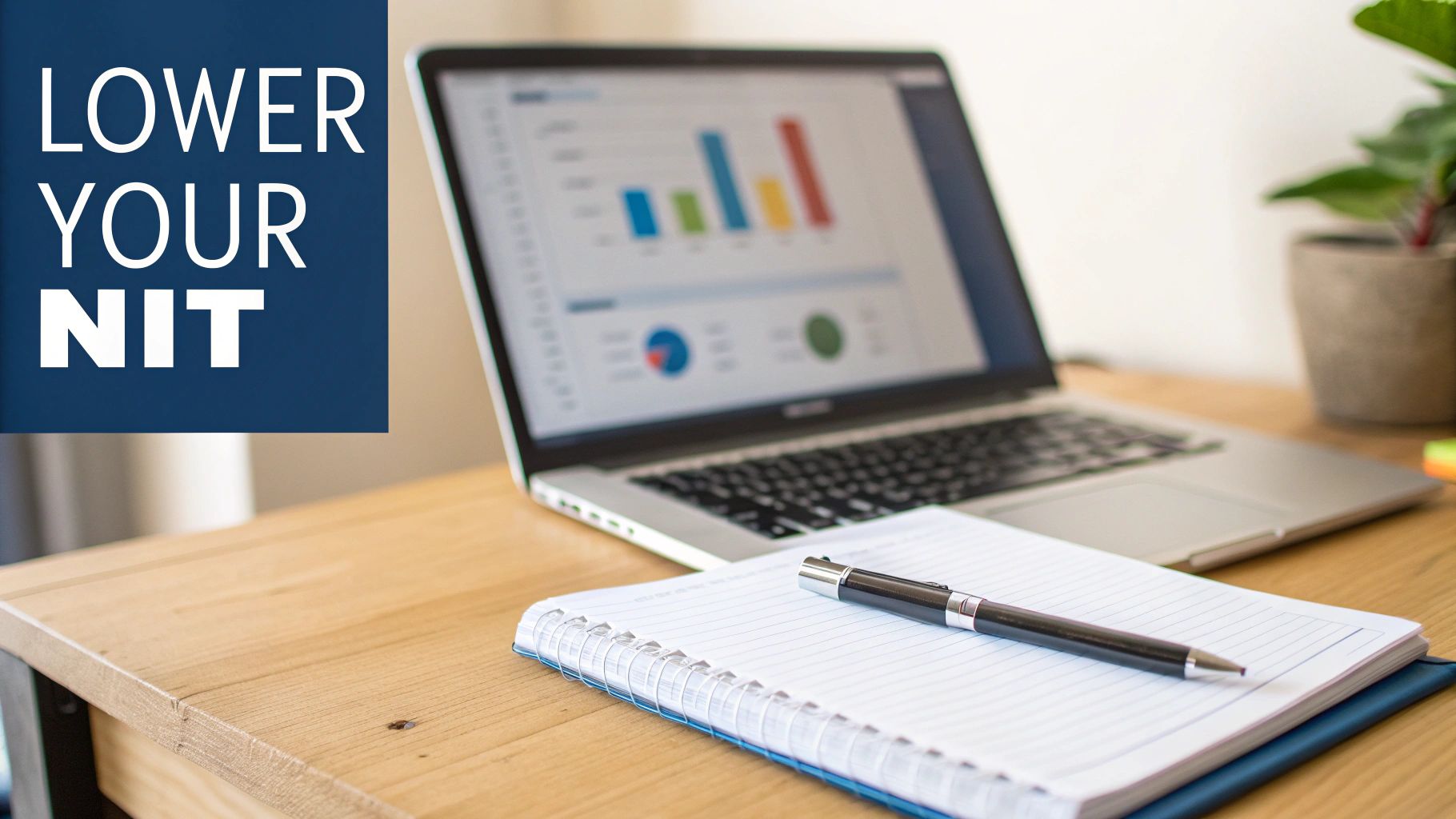 A laptop displaying financial charts, a notebook, and pen on a wooden desk, with text 'LOWER YOUR NIT'.