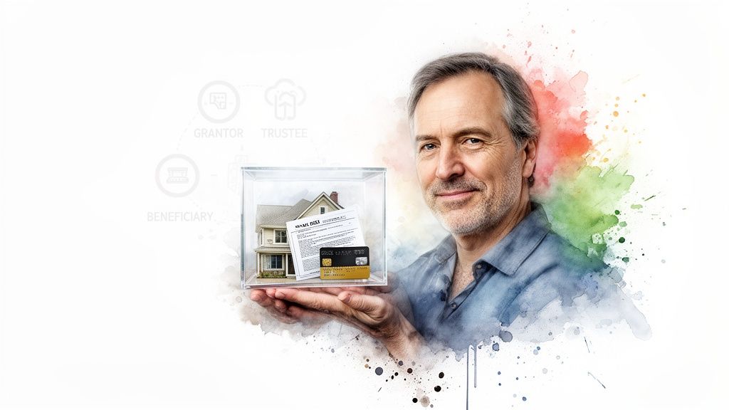 Smiling man holds a box with a house, document, and credit card, representing a revocable living trust.