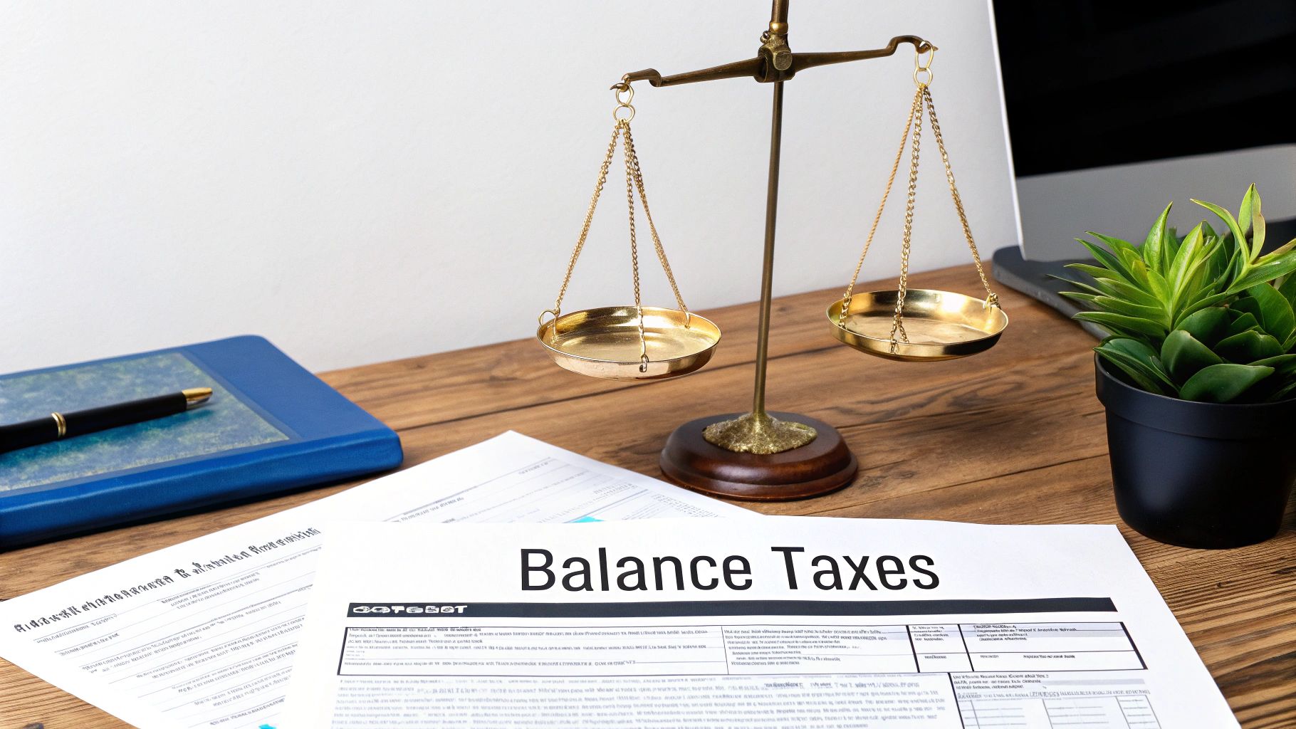 A desk with scales of justice, tax documents, and a pen, symbolizing financial balance.