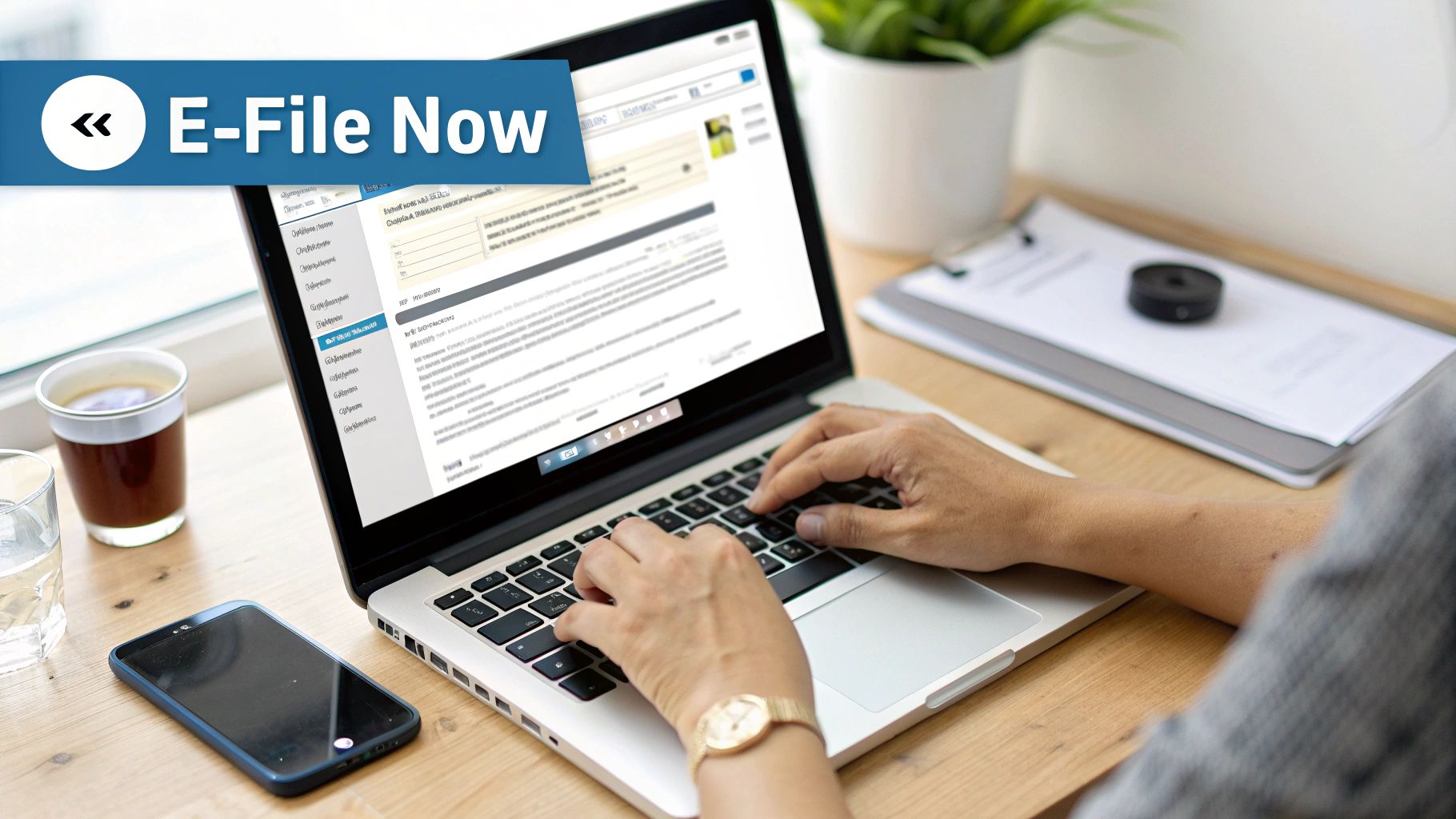 Person typing on a laptop with an 'E-File Now' banner, coffee, and phone on a wooden desk.