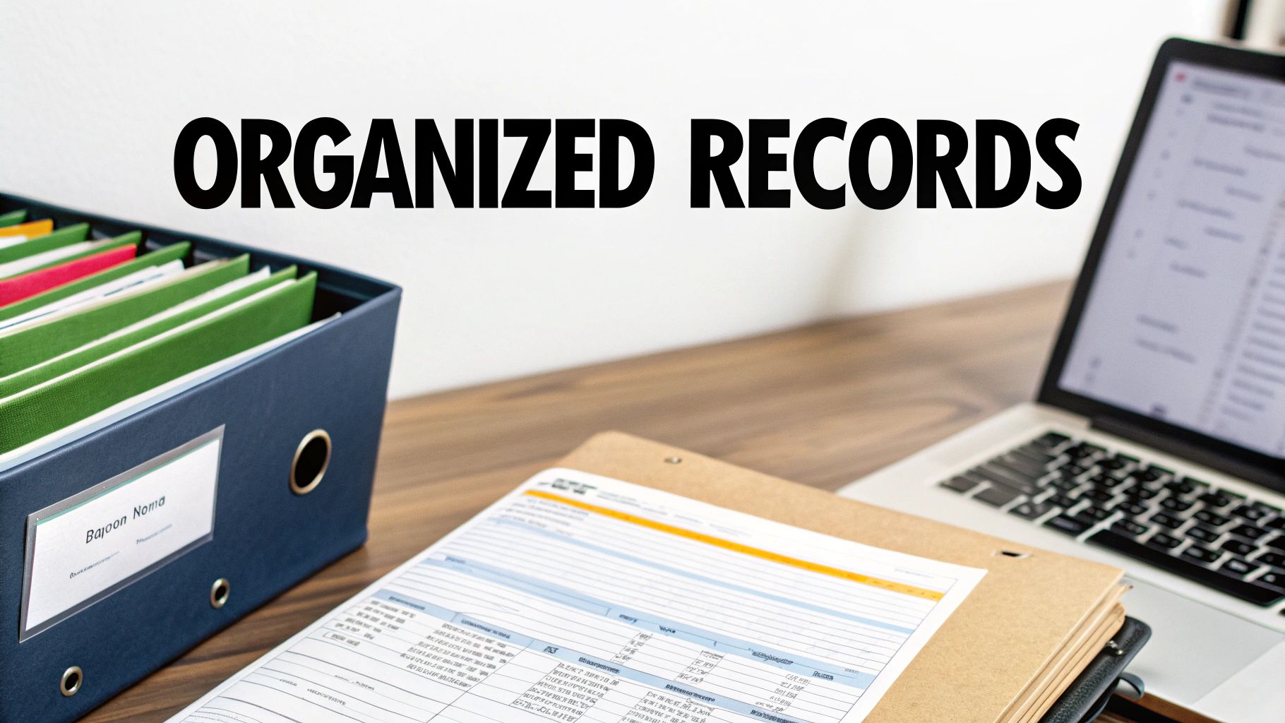 Organized records including file folders, spreadsheets, and laptop on wooden desk for tax filing