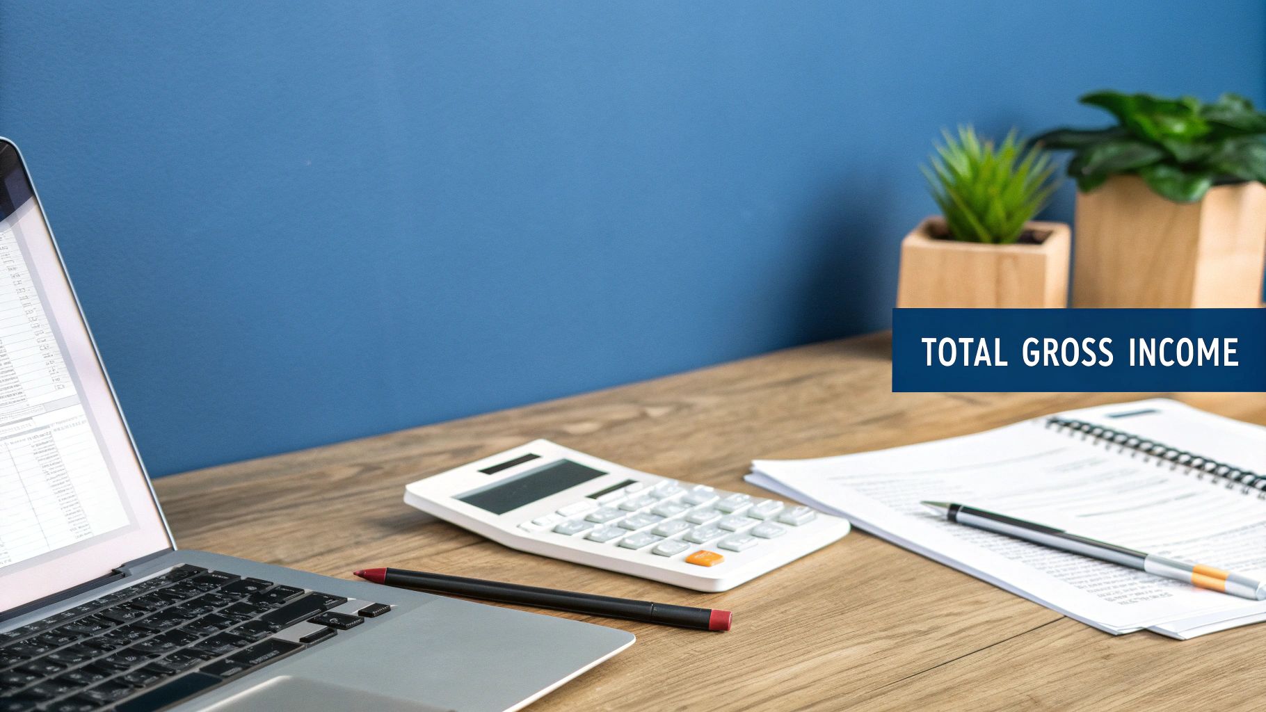 A desk setup with a laptop, calculator, notebook, and plants, featuring 'TOTAL GROSS INCOME' text.