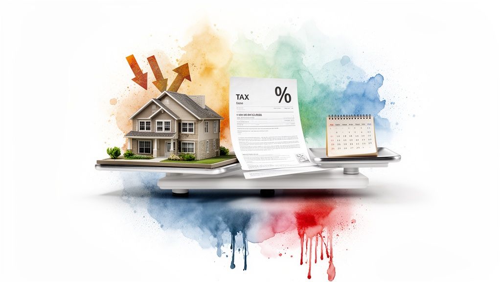 A miniature house on a scale, balanced against tax documents and a calendar, representing property tax.