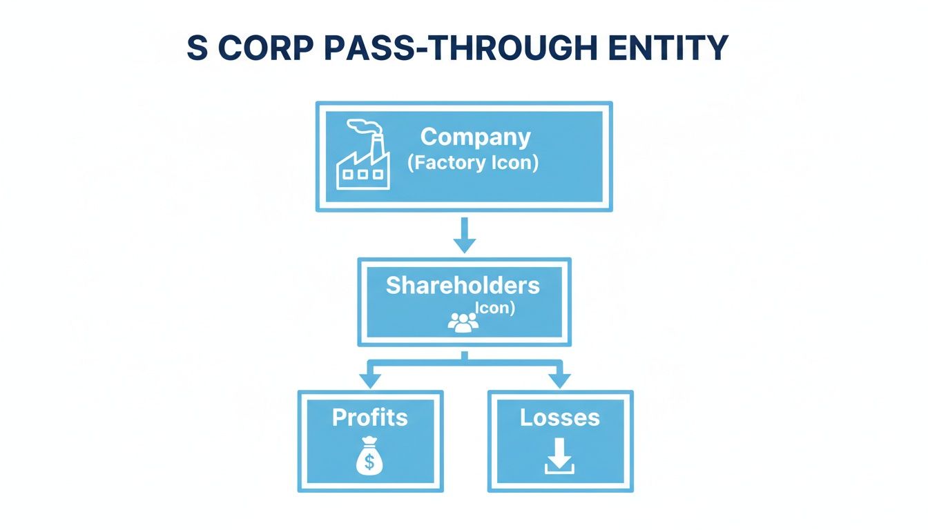 Diagram illustrating an S Corp pass-through entity, showing profits and losses flowing to shareholders.