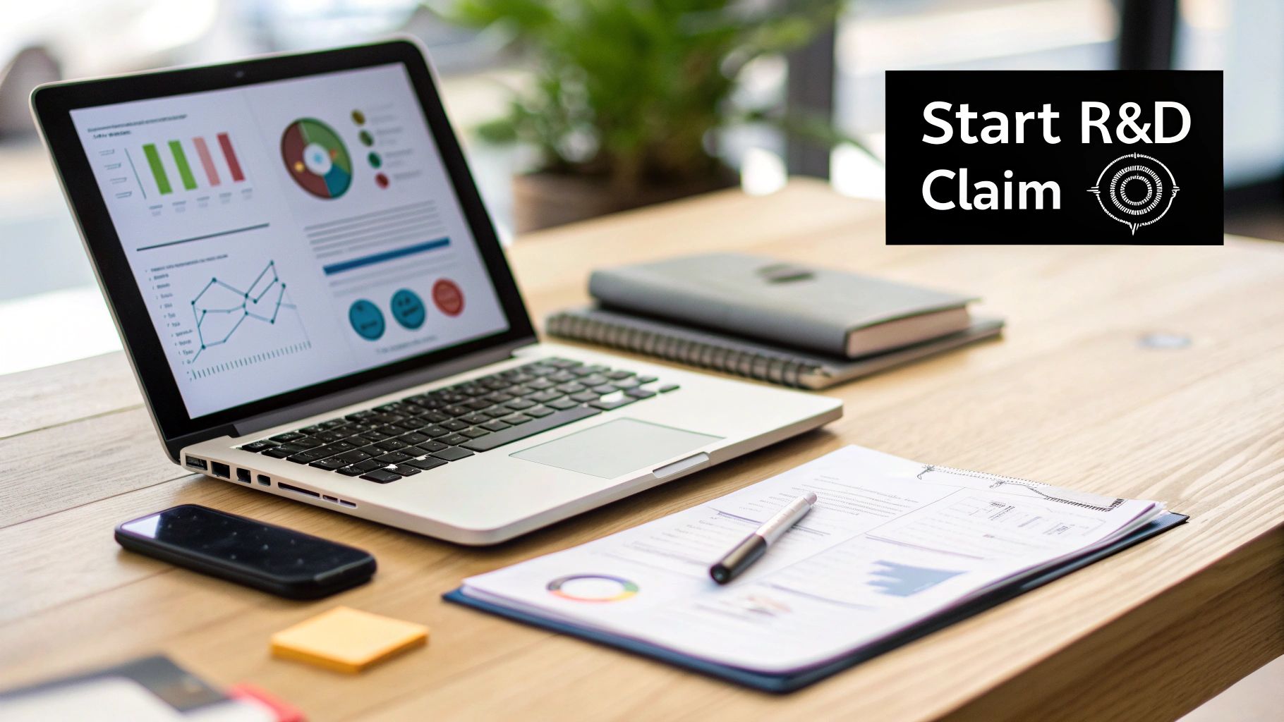 A laptop on a wooden desk displays business charts, with documents, a phone, and an 'Start R&D Claim' sign.