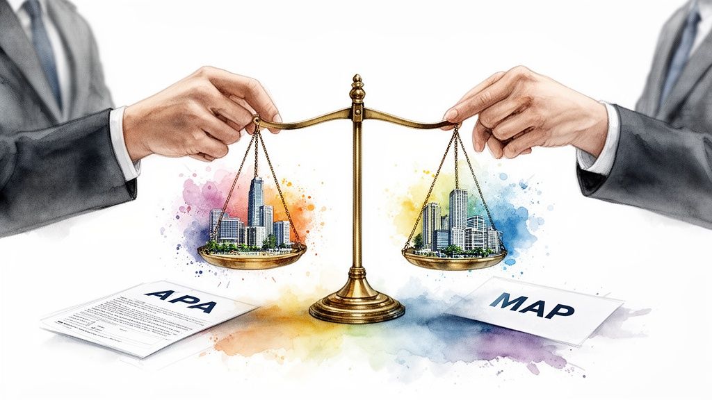 Two hands balancing cityscapes on a golden scale, with APA and MAP documents below.