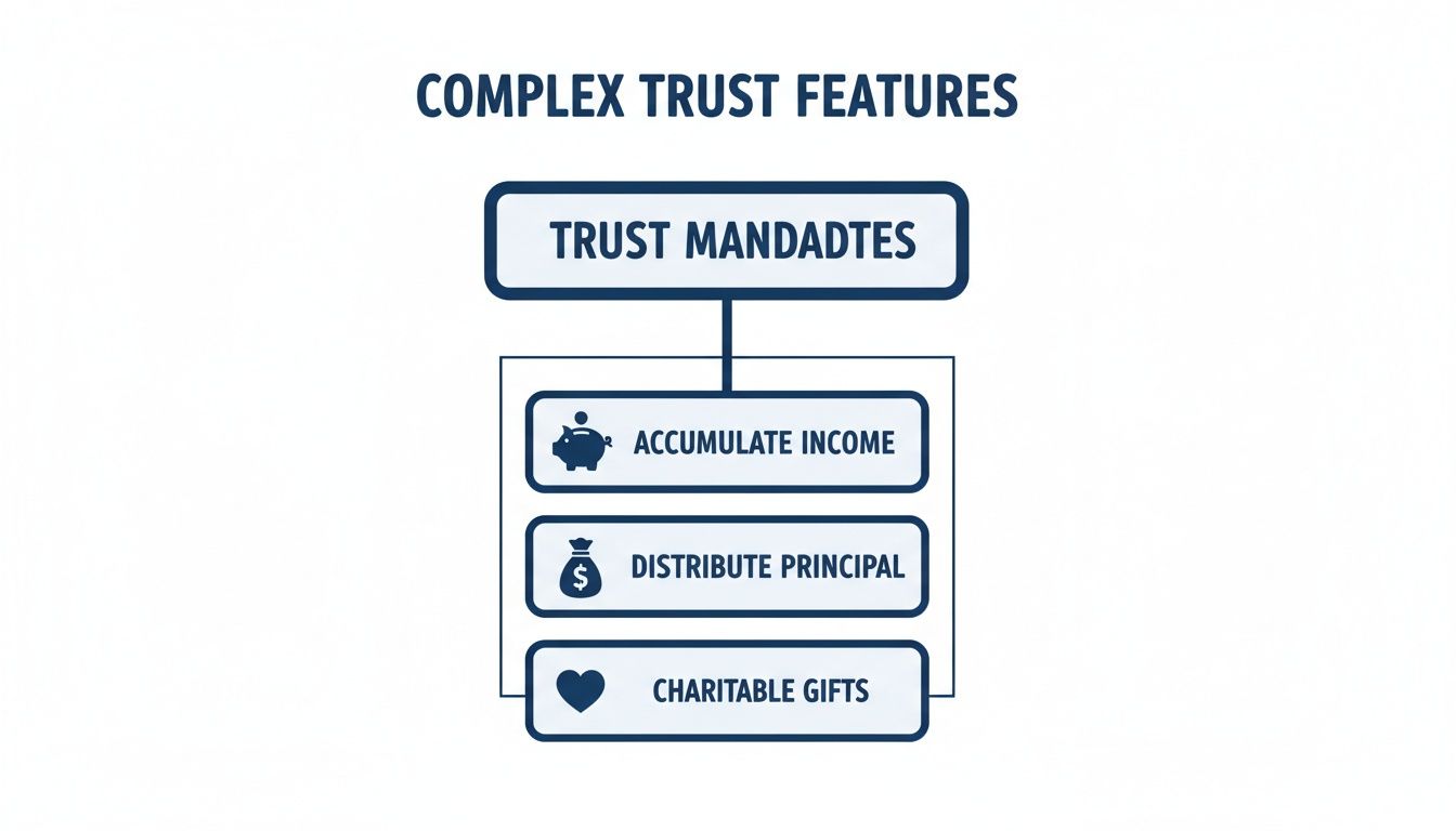 Diagram showing complex trust features, detailing mandates for accumulating income, distributing principal, and making charitable gifts.