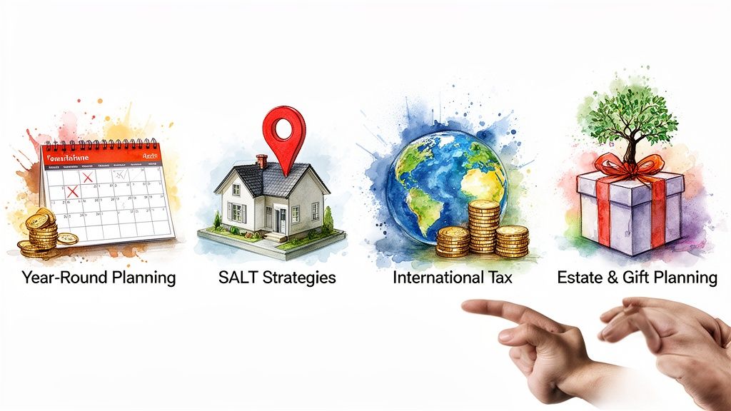 Illustrative image showing icons for year-round planning, SALT strategies, international tax, and estate planning services.