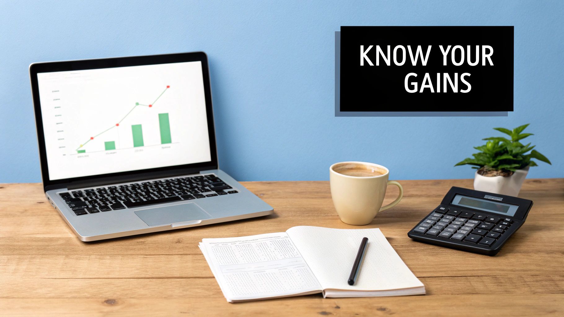 A desk setup with a laptop showing a financial graph, coffee, notebook, calculator, and a 'KNOW YOUR GAINS' sign.