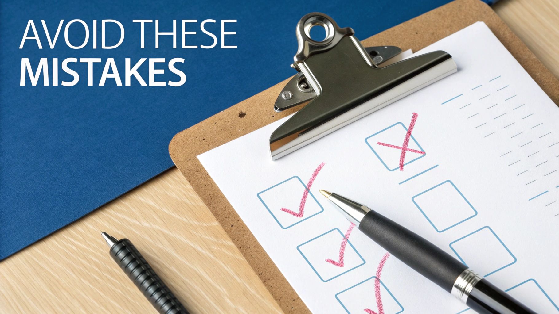 A checklist on a clipboard with 'AVOID THESE MISTAKES' text, showing red checkmarks and an 'X'.