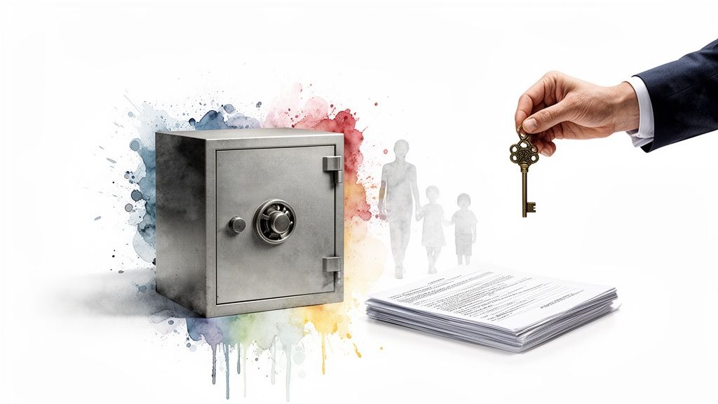 A safe, family silhouettes, documents, and a hand holding a key representing asset protection.