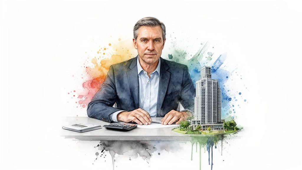 A businessman sits at a desk with a calculator, documents, and a modern building in the background.