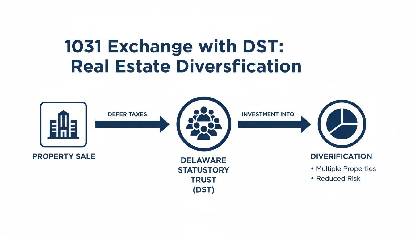 Flowchart: 1031 Exchange with Delaware Statutory Trust (DST) for real estate diversification, deferring taxes.