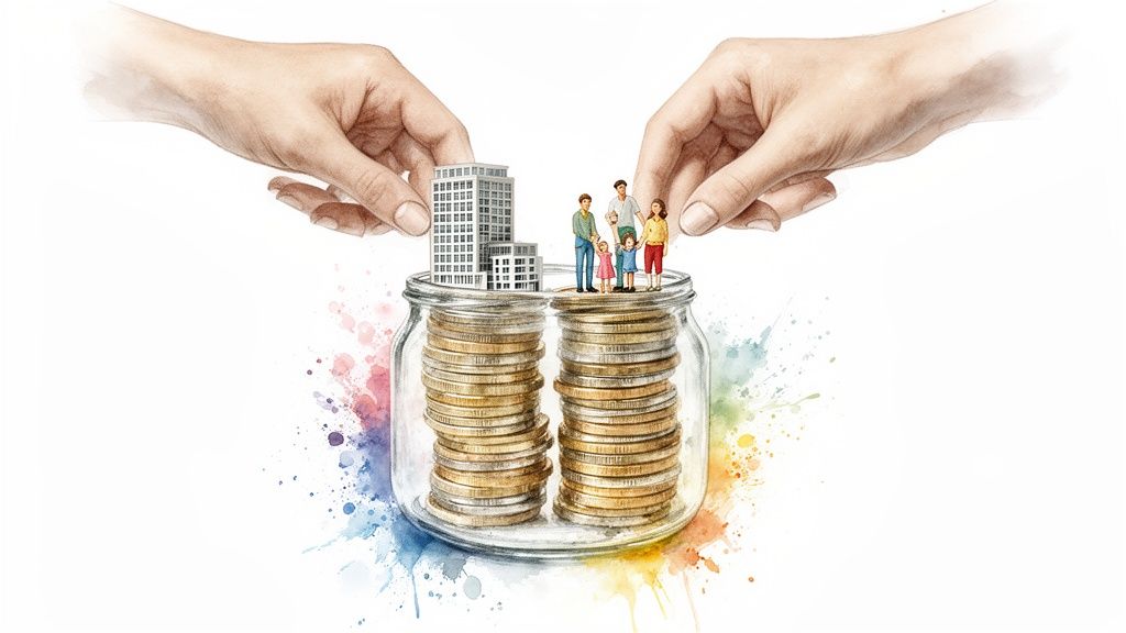 Hands placing miniature buildings and a family onto coins in a jar, symbolizing financial planning.