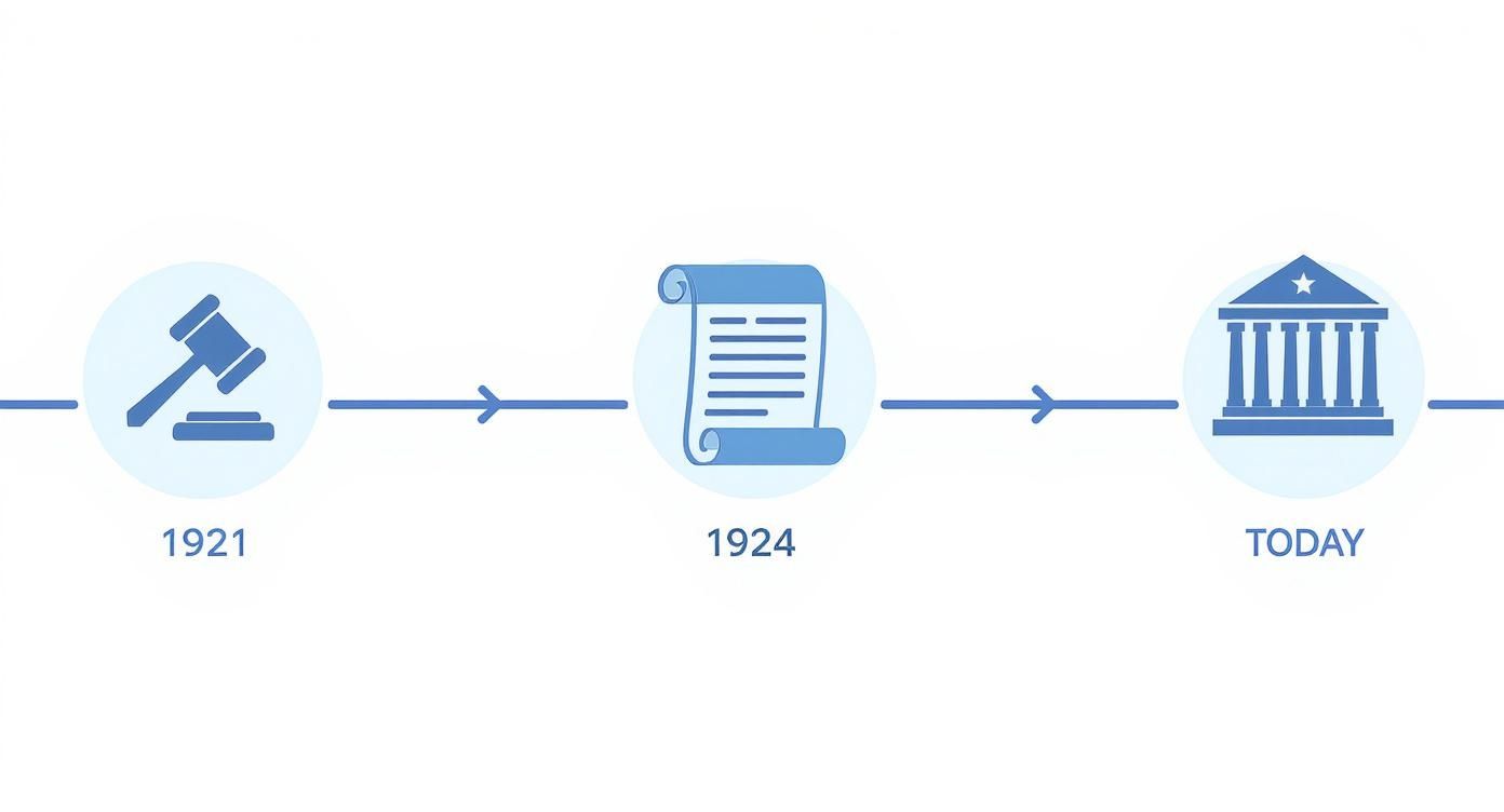 A timeline depicting legal evolution: a gavel for 1921, a scroll for 1924, and a government building for today.