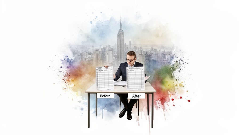 Businessman compares 'Before' and 'After' financial documents at a desk, cityscape background.