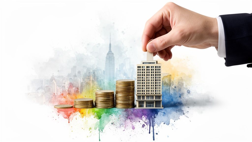 Hand investing coin into a building with stacked coins, representing real estate investment.
