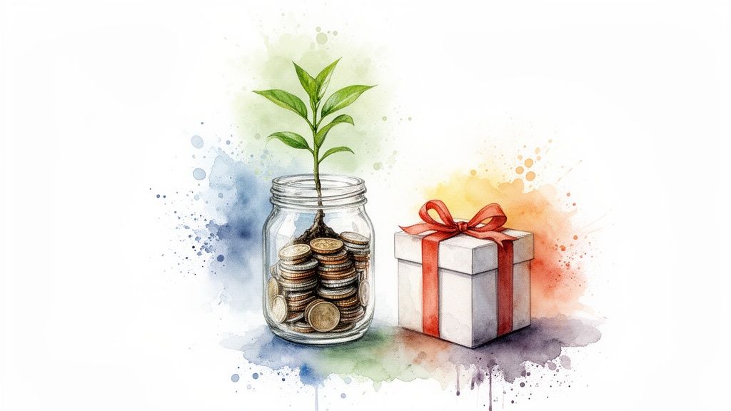 A watercolor illustration of a plant growing from coins in a jar, alongside a gift box with a red ribbon.