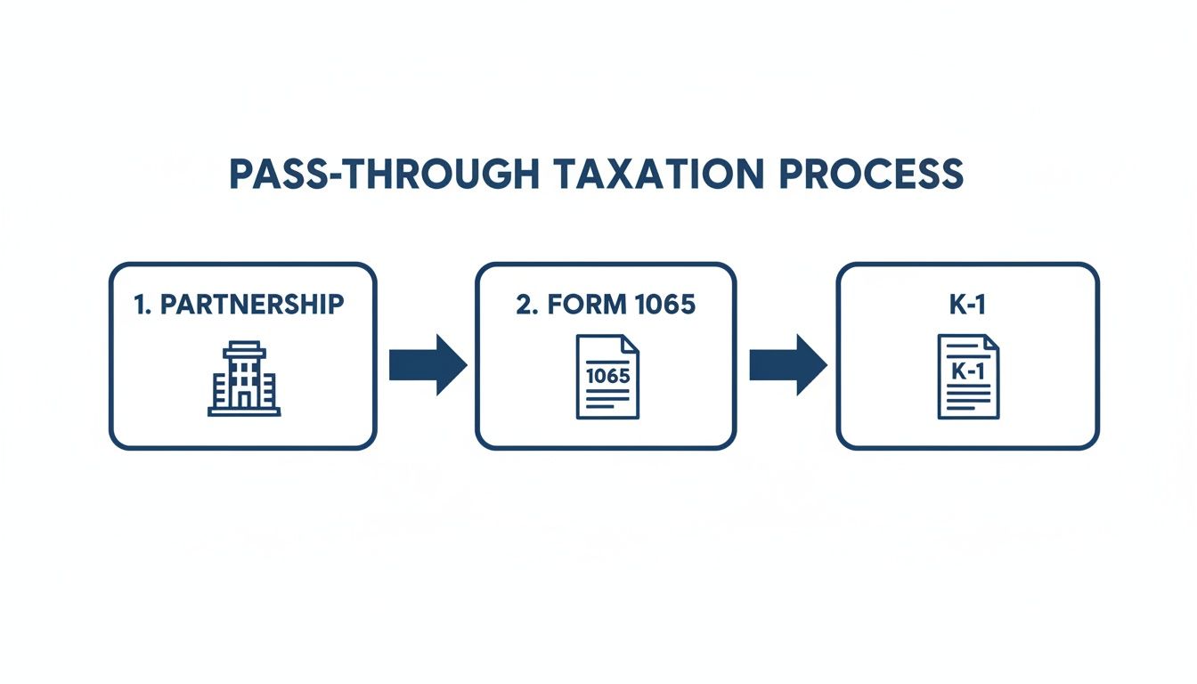 Flowchart illustrating the pass-through taxation process for partnerships, including Form 1065 and Schedule K-1.