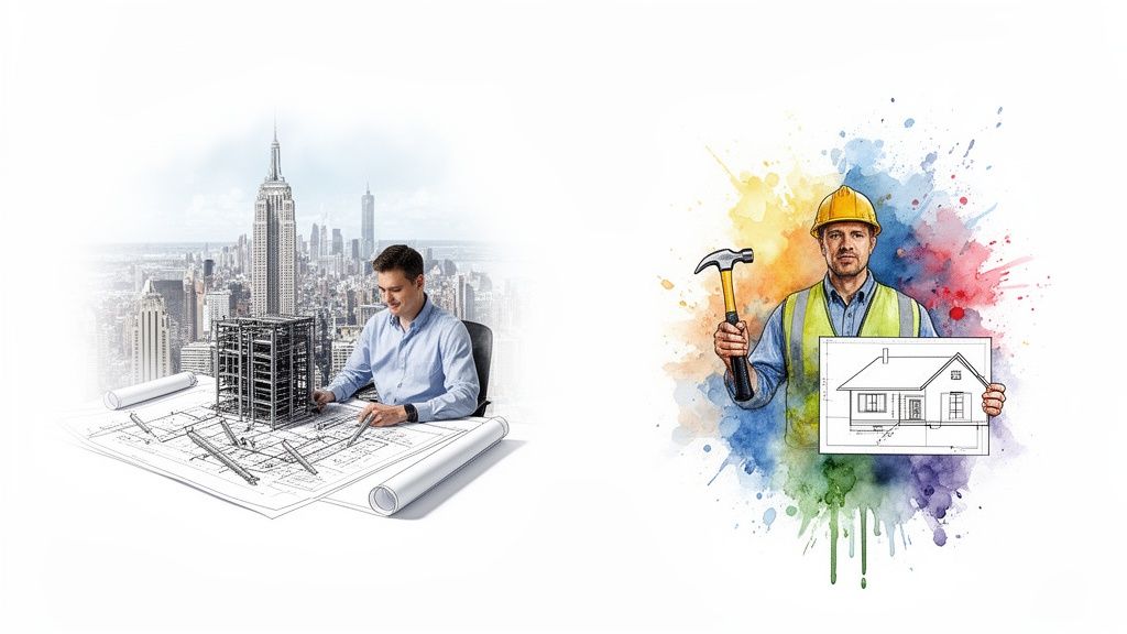 An architect designs a skyscraper on blueprints while a construction worker holds a house plan and hammer.