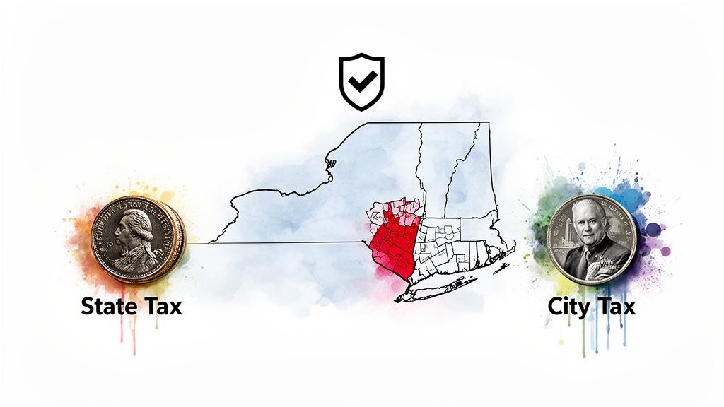 Map of New York highlighting qualified opportunity zones, with state and city tax coins.