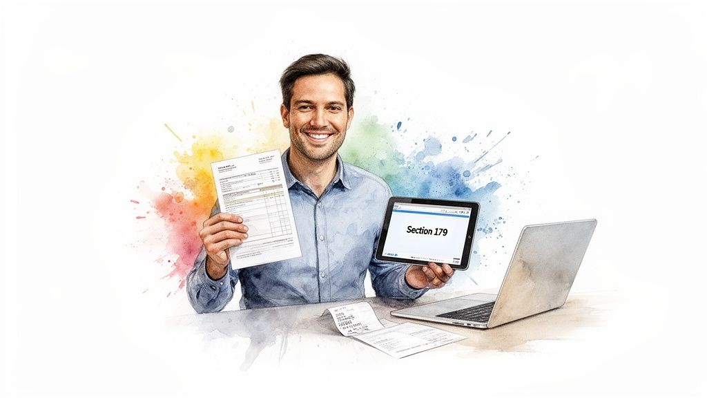 Smiling man holding tax document and tablet displaying "Section 179" beside a laptop.