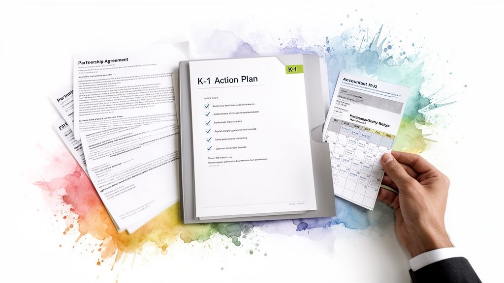A hand holds an accountant calendar near a K-1 action plan and partnership agreement documents.