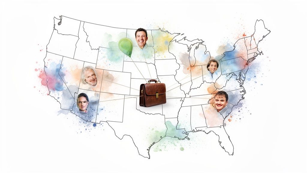 Diverse professionals on a US map, connected to a central briefcase, symbolizing business partnerships.