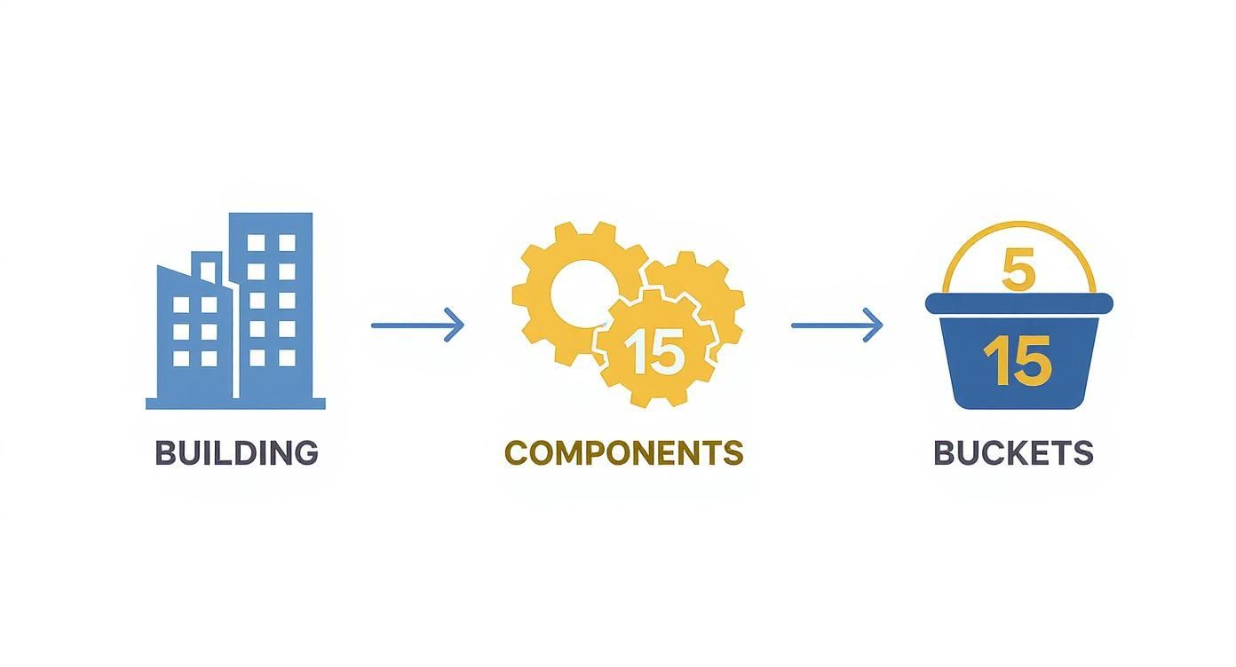 Cost segregation process diagram showing building breakdown into 15 components organized into buckets