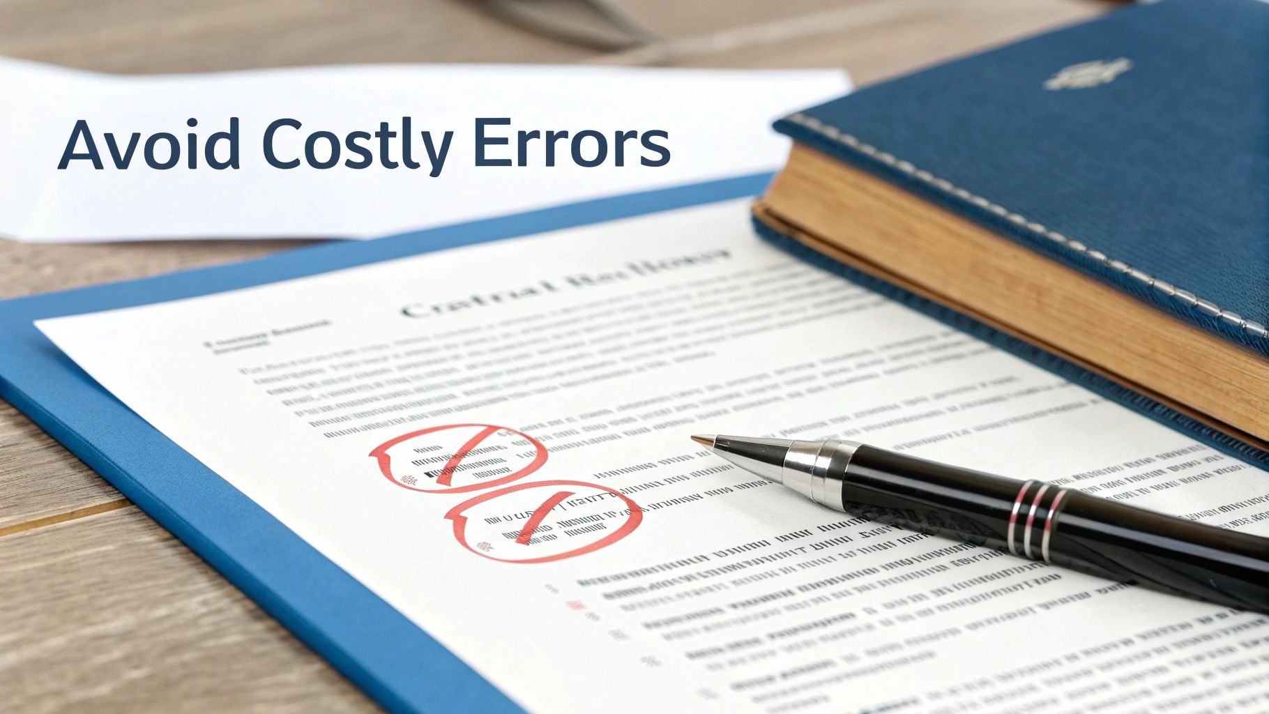 A document with red error marks and a pen, next to a book, highlighting the need to avoid costly errors.